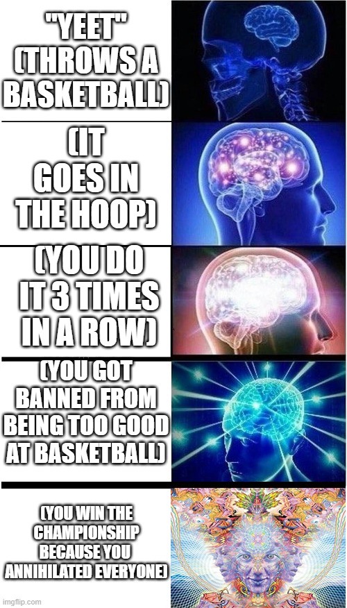 Brain Growth Extended | "YEET" (THROWS A BASKETBALL); (IT GOES IN THE HOOP); (YOU DO IT 3 TIMES IN A ROW); (YOU GOT BANNED FROM BEING TOO GOOD AT BASKETBALL); (YOU WIN THE CHAMPIONSHIP BECAUSE YOU  ANNIHILATED EVERYONE) | image tagged in brain growth extended | made w/ Imgflip meme maker