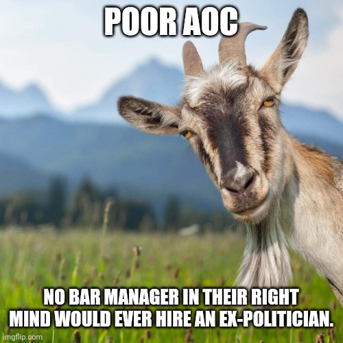 creepy condescending goat | POOR AOC NO BAR MANAGER IN THEIR RIGHT MIND WOULD EVER HIRE AN EX-POLITICIAN. | image tagged in creepy condescending goat | made w/ Imgflip meme maker