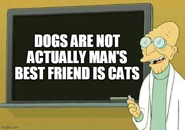 Professor Farnsworth Presentation | DOGS ARE NOT
ACTUALLY MAN'S
BEST FRIEND IS CATS | image tagged in professor farnsworth presentation,cats | made w/ Imgflip meme maker