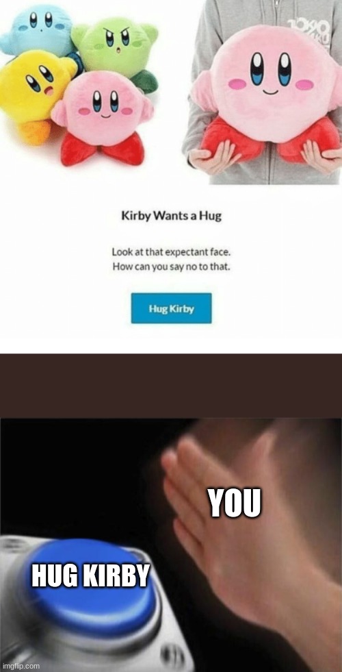 HUG KIRBY NOW | YOU; HUG KIRBY | image tagged in memes,blank nut button | made w/ Imgflip meme maker