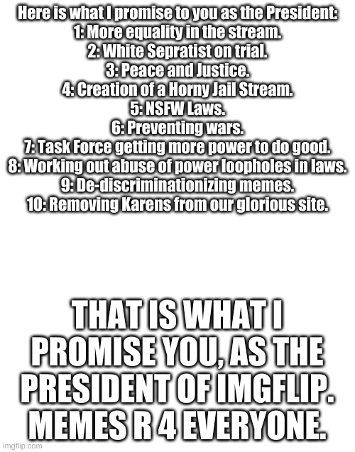 I'm Commander J-master HD, and I approve this message. | Here is what I promise to you as the President:
1: More equality in the stream.
2: White Sepratist on trial.
3: Peace and Justice.
4: Creation of a Horny Jail Stream.
5: NSFW Laws.
6: Preventing wars.
7: Task Force getting more power to do good.
8: Working out abuse of power loopholes in laws.
9: De-discriminationizing memes.
10: Removing Karens from our glorious site. THAT IS WHAT I PROMISE YOU, AS THE PRESIDENT OF IMGFLIP. MEMES R 4 EVERYONE. | image tagged in blank white template | made w/ Imgflip meme maker
