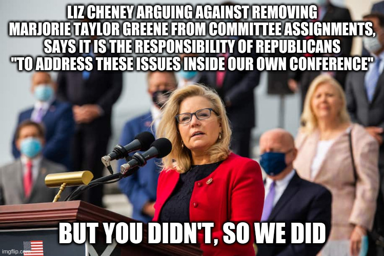 I agree it would have been better if House Republican Minority Leader Kevin McCarthy had done so | LIZ CHENEY ARGUING AGAINST REMOVING MARJORIE TAYLOR GREENE FROM COMMITTEE ASSIGNMENTS, SAYS IT IS THE RESPONSIBILITY OF REPUBLICANS "TO ADDRESS THESE ISSUES INSIDE OUR OWN CONFERENCE"; BUT YOU DIDN'T, SO WE DID | image tagged in humor,marjorie taylor green,liz cheney,gop | made w/ Imgflip meme maker