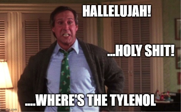Christmas Vacation Where's the Tylenol | HALLELUJAH! ...HOLY SHIT! ....WHERE'S THE TYLENOL | image tagged in tylenol,christmas vacation,where's the tylenol,hallelujah,chevy chase | made w/ Imgflip meme maker