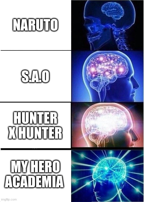 Expanding Brain | NARUTO; S.A.O; HUNTER X HUNTER; MY HERO ACADEMIA | image tagged in memes,expanding brain | made w/ Imgflip meme maker