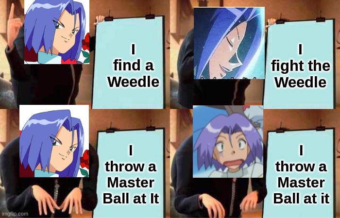 Team Rockets Plan | I find a Weedle; I fight the Weedle; I throw a Master Ball at It; I throw a Master Ball at it | image tagged in memes,gru's plan | made w/ Imgflip meme maker