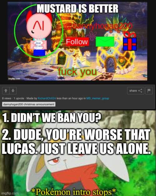 Do so | 1. DIDN’T WE BAN YOU? 2. DUDE, YOU’RE WORSE THAT LUCAS. JUST LEAVE US ALONE. | image tagged in bruh,annoying | made w/ Imgflip meme maker