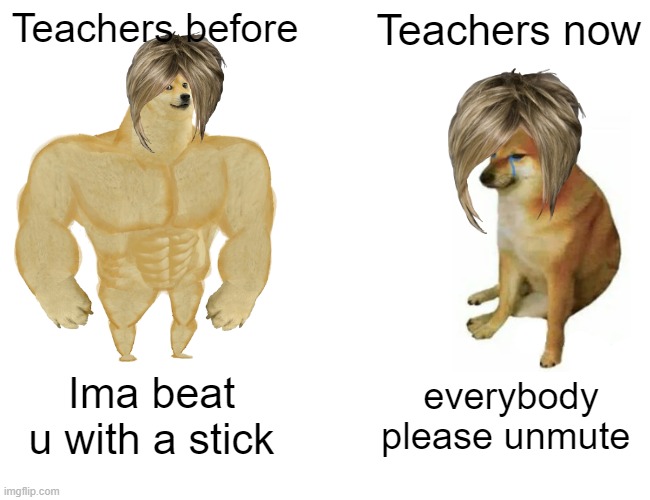 Covid-19 | Teachers before; Teachers now; Ima beat u with a stick; everybody please unmute | image tagged in memes,buff doge vs cheems | made w/ Imgflip meme maker