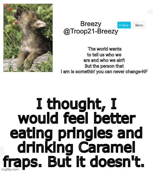 Trooper21-Breezy template | I thought, I would feel better eating pringles and drinking Caramel fraps. But it doesn't. | image tagged in trooper21-breezy template | made w/ Imgflip meme maker