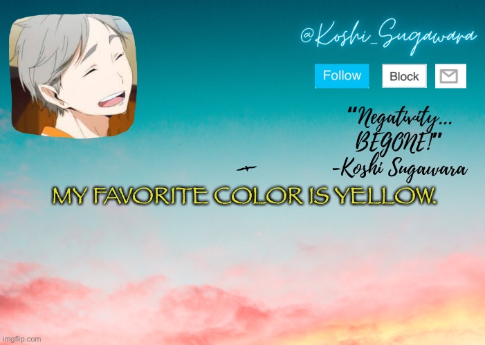 Y E L L O W | MY FAVORITE COLOR IS YELLOW. | image tagged in koshi temp | made w/ Imgflip meme maker
