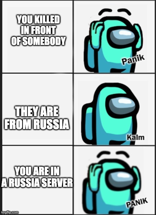 russian death | YOU KILLED IN FRONT OF SOMEBODY; THEY ARE FROM RUSSIA; YOU ARE IN A RUSSIA SERVER | image tagged in panik kalm panik among us | made w/ Imgflip meme maker