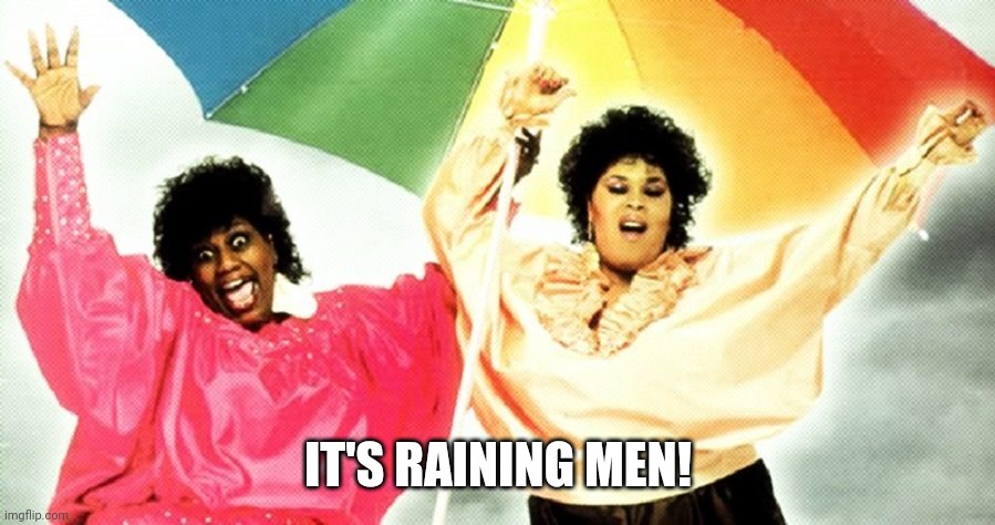 raining men | IT'S RAINING MEN! | image tagged in raining men | made w/ Imgflip meme maker