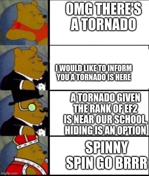 winnie the pooh 4 | OMG THERE'S A TORNADO; I WOULD LIKE TO INFORM YOU A TORNADO IS HERE; A TORNADO GIVEN THE RANK OF EF2 IS NEAR OUR SCHOOL, HIDING IS AN OPTION; SPINNY SPIN GO BRRR | image tagged in winnie the pooh 4 | made w/ Imgflip meme maker