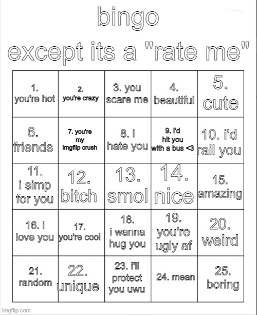 Blank Bingo | except its a "rate me"; bingo; 3. you scare me; 2. you're crazy; 5. cute; 1. you're hot; 4. beautiful; 8. i hate you; 6. friends; 10. i'd rail you; 9. i'd hit you with a bus <3; 7. you're my imgflip crush; 14. nice; 13. smol; 11. i simp for you; 15. amazing; 12. bitch; 16. i love you; 17. you're cool; 20. weird; 19. you're ugly af; 18. i wanna hug you; 22. unique; 25. boring; 21. random; 23. i'll protect you uwu; 24. mean | image tagged in blank bingo | made w/ Imgflip meme maker