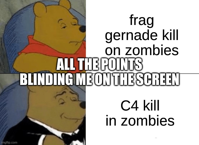 Tuxedo Winnie The Pooh | frag gernade kill on zombies; ALL THE POINTS BLINDING ME ON THE SCREEN; C4 kill in zombies | image tagged in memes,tuxedo winnie the pooh | made w/ Imgflip meme maker