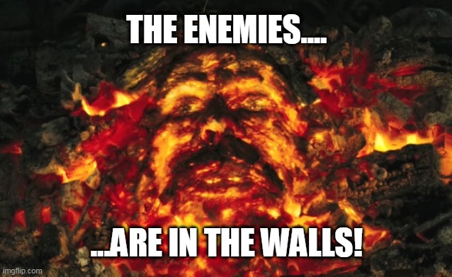 sirius black | THE ENEMIES.... ...ARE IN THE WALLS! | image tagged in sirius black | made w/ Imgflip meme maker