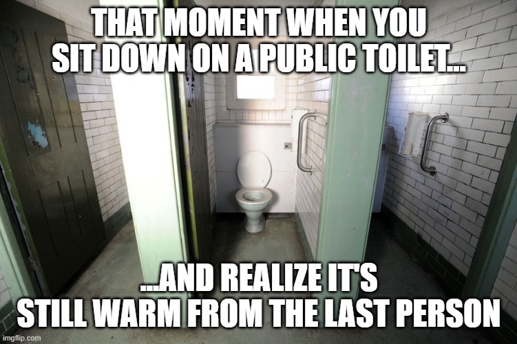 Public Toilets | THAT MOMENT WHEN YOU SIT DOWN ON A PUBLIC TOILET... ...AND REALIZE IT'S STILL WARM FROM THE LAST PERSON | image tagged in public toiley | made w/ Imgflip meme maker