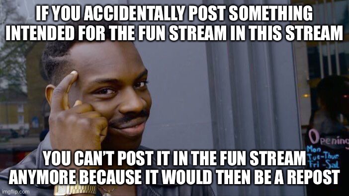 LOL | IF YOU ACCIDENTALLY POST SOMETHING INTENDED FOR THE FUN STREAM IN THIS STREAM; YOU CAN’T POST IT IN THE FUN STREAM ANYMORE BECAUSE IT WOULD THEN BE A REPOST | image tagged in memes,roll safe think about it,fun stream,funny,repost | made w/ Imgflip meme maker