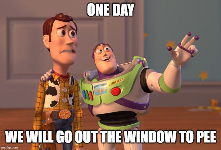 lol | ONE DAY; WE WILL GO OUT THE WINDOW TO PEE | image tagged in memes,x x everywhere | made w/ Imgflip meme maker