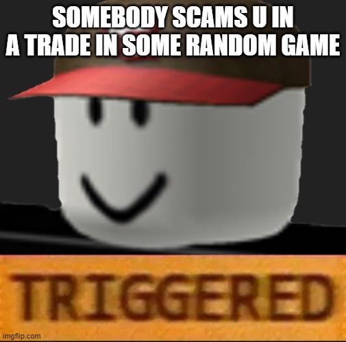 Roblox Triggered | SOMEBODY SCAMS U IN A TRADE IN SOME RANDOM GAME | image tagged in roblox triggered | made w/ Imgflip meme maker