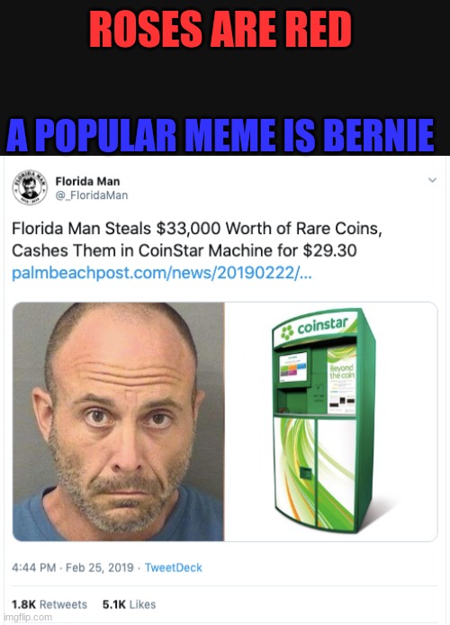 ROSES ARE RED; A POPULAR MEME IS BERNIE | image tagged in florida man,roses are red,bernie | made w/ Imgflip meme maker