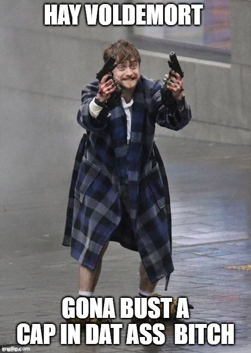Harry Potter Guns | HAY VOLDEMORT; GONA BUST A CAP IN DAT ASS  BITCH | image tagged in harry potter guns | made w/ Imgflip meme maker