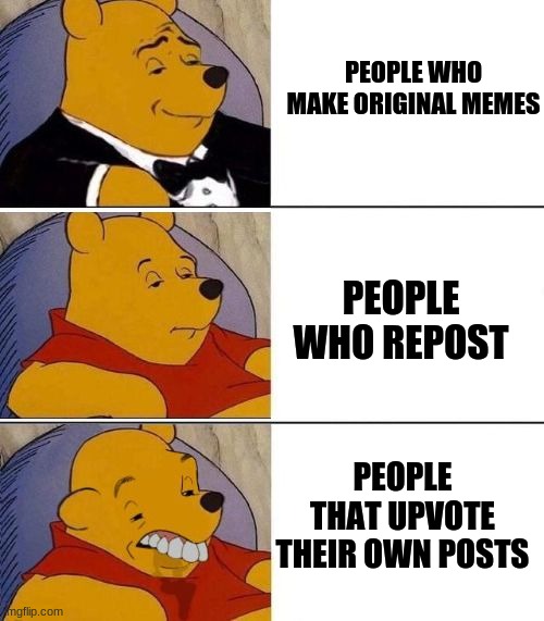 PEOPLE WHO MAKE ORIGINAL MEMES; PEOPLE WHO REPOST; PEOPLE THAT UPVOTE THEIR OWN POSTS | image tagged in fun,tuxedo winnie the pooh | made w/ Imgflip meme maker