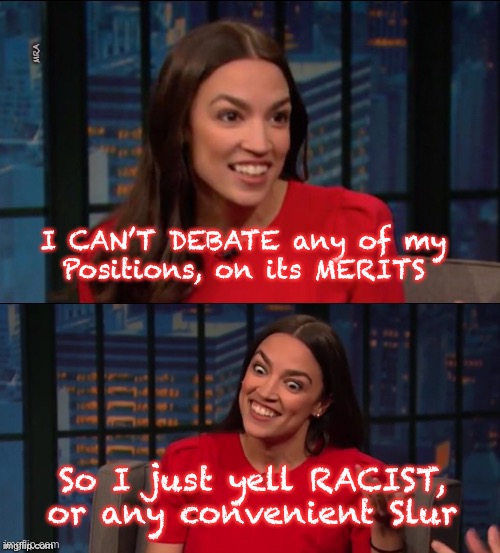 Bad Pun AOC | MRA; I CAN’T DEBATE any of my 
Positions, on its MERITS; So I just yell RACIST, or any convenient Slur | image tagged in bad pun aoc | made w/ Imgflip meme maker
