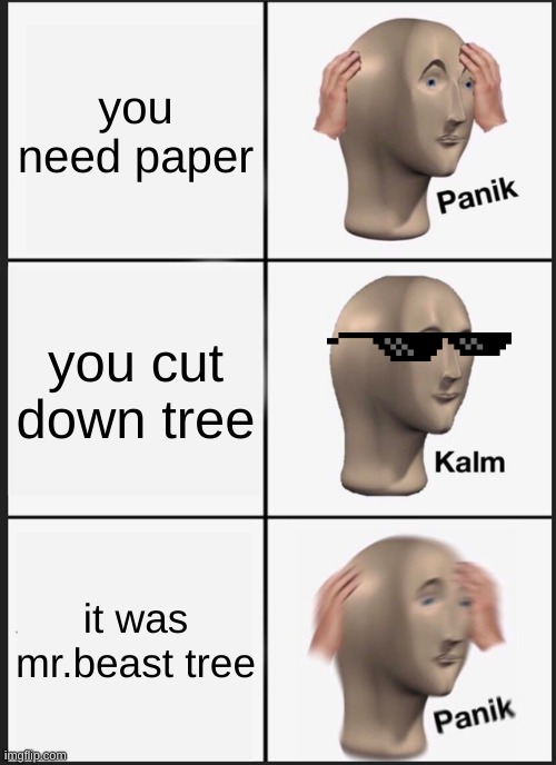 sory mr.beast (I know I spelt "sory" wrong) | you need paper; you cut down tree; it was mr.beast tree | image tagged in memes,panik kalm panik | made w/ Imgflip meme maker