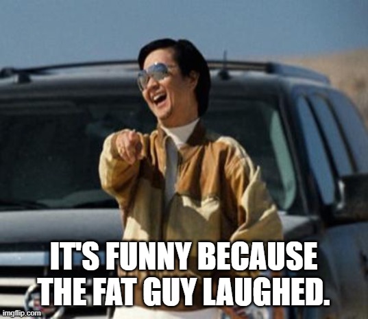 chow laughing hangover | IT'S FUNNY BECAUSE THE FAT GUY LAUGHED. | image tagged in chow laughing hangover | made w/ Imgflip meme maker