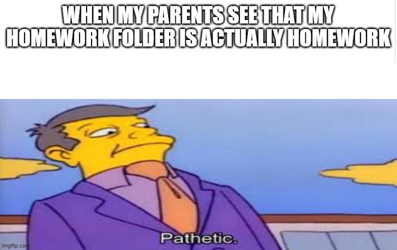 HEHE Homework | WHEN MY PARENTS SEE THAT MY HOMEWORK FOLDER IS ACTUALLY HOMEWORK | image tagged in skinner pathetic | made w/ Imgflip meme maker