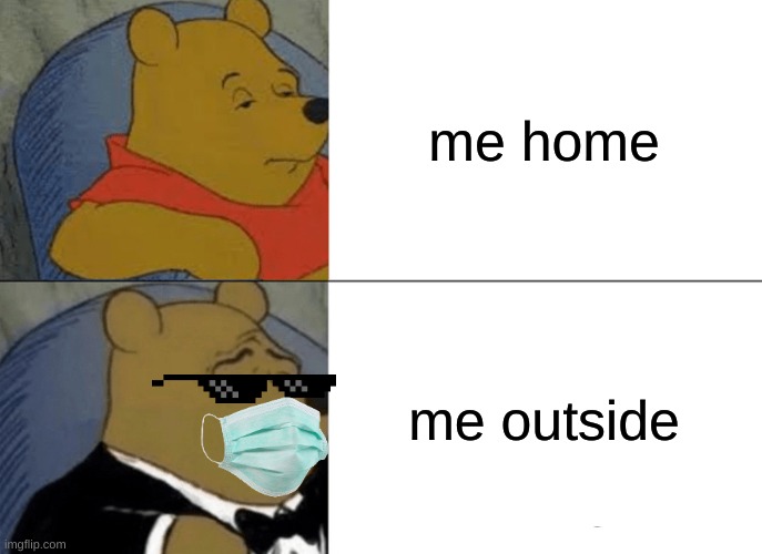 Tuxedo Winnie The Pooh | me home; me outside | image tagged in memes,tuxedo winnie the pooh | made w/ Imgflip meme maker