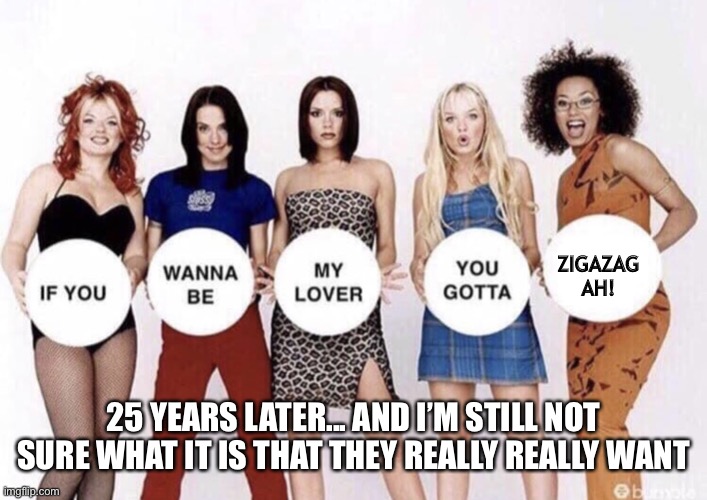 Zig-a-what?? | ZIGAZAG AH! 25 YEARS LATER... AND I’M STILL NOT SURE WHAT IT IS THAT THEY REALLY REALLY WANT | image tagged in spice girls | made w/ Imgflip meme maker