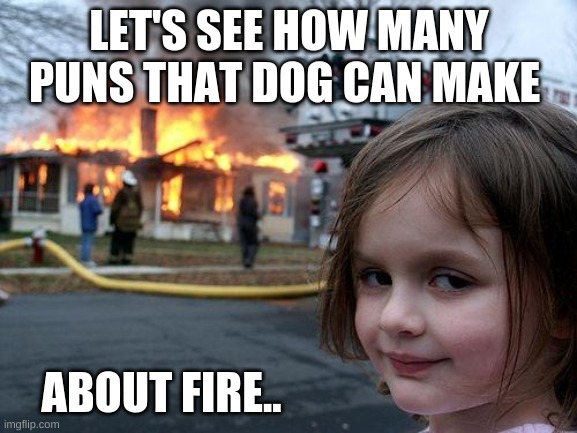 Disaster Girl Meme | LET'S SEE HOW MANY PUNS THAT DOG CAN MAKE; ABOUT FIRE.. | image tagged in memes,disaster girl | made w/ Imgflip meme maker