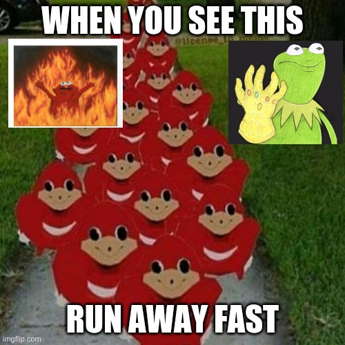 Ugandan knuckles army | WHEN YOU SEE THIS; RUN AWAY FAST | image tagged in ugandan knuckles army | made w/ Imgflip meme maker