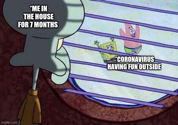 Squidward window | *ME IN THE HOUSE FOR 7 MONTHS; *CORONAVIRUS HAVING FUN OUTSIDE | image tagged in squidward window | made w/ Imgflip meme maker