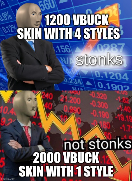 epic these days | 1200 VBUCK  SKIN WITH 4 STYLES; 2000 VBUCK SKIN WITH 1 STYLE | image tagged in stonks not stonks | made w/ Imgflip meme maker