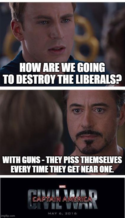 Marvel Civil War 1 | HOW ARE WE GOING TO DESTROY THE LIBERALS? WITH GUNS - THEY PISS THEMSELVES EVERY TIME THEY GET NEAR ONE. | image tagged in memes,marvel civil war 1 | made w/ Imgflip meme maker