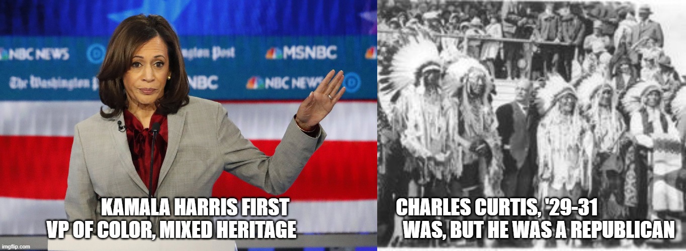 Harris First VP of Color | KAMALA HARRIS FIRST                            CHARLES CURTIS, '29-31       VP OF COLOR, MIXED HERITAGE                            WAS, BUT HE WAS A REPUBLICAN | image tagged in diversity,kamala harris,democrats,political correctness,politics | made w/ Imgflip meme maker