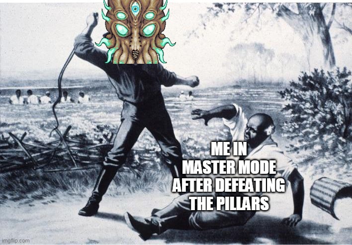 Master mode Moonlord be like | ME IN MASTER MODE AFTER DEFEATING THE PILLARS | image tagged in slave | made w/ Imgflip meme maker