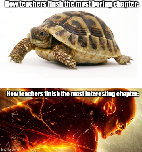 Relatable ? | How teachers finsh the most boring chapter:; How teachers finish the most interesting chapter: | image tagged in slow vs fast meme | made w/ Imgflip meme maker