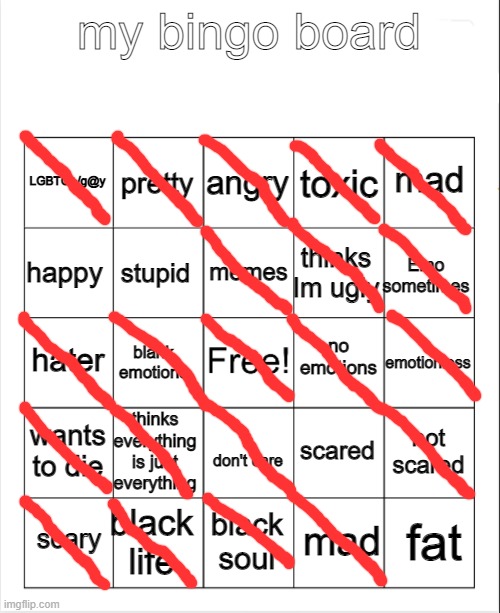 my cruel life | my bingo board; angry; pretty; mad; LGBTQ+/g@y; toxic; memes; happy; Emo sometimes; thinks Im ugly; stupid; no emotions; hater; emotionless; blank emotions; wants to die; thinks everything is just everything; not scared; scared; I don't care; black life; fat; scary; black soul; mad | image tagged in blank bingo | made w/ Imgflip meme maker