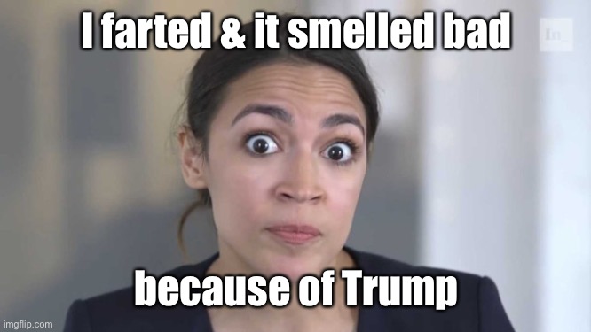 Crazy Alexandria Ocasio-Cortez | I farted & it smelled bad because of Trump | image tagged in crazy alexandria ocasio-cortez | made w/ Imgflip meme maker