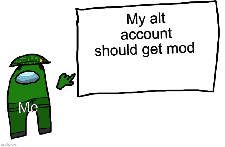 Among us whiteboard | My alt account should get mod; Me | image tagged in among us whiteboard | made w/ Imgflip meme maker