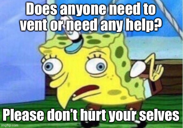 Mocking Spongebob Meme | Does anyone need to vent or need any help? Please don’t hurt your selves | image tagged in memes,mocking spongebob | made w/ Imgflip meme maker