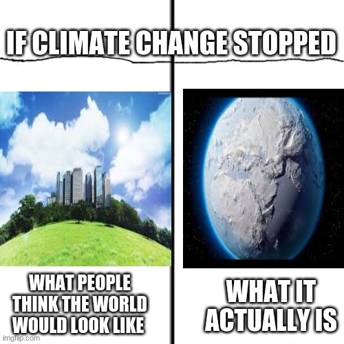 Please get this unfeatured. I'm bored | IF CLIMATE CHANGE STOPPED; WHAT IT ACTUALLY IS; WHAT PEOPLE THINK THE WORLD WOULD LOOK LIKE | image tagged in earth,save the earth | made w/ Imgflip meme maker