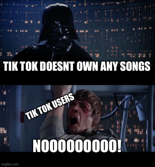 Star Wars No | TIK TOK DOESNT OWN ANY SONGS; TIK TOK USERS; NOOOOOOOOO! | image tagged in memes,star wars no | made w/ Imgflip meme maker