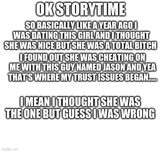 Story time | OK STORYTIME; SO BASICALLY LIKE A YEAR AGO I WAS DATING THIS GIRL AND I THOUGHT SHE WAS NICE BUT SHE WAS A TOTAL BITCH; I FOUND OUT SHE WAS CHEATING ON ME WITH THIS GUY NAMED JASON AND YEA THAT'S WHERE MY TRUST ISSUES BEGAN..... I MEAN I THOUGHT SHE WAS THE ONE BUT GUESS I WAS WRONG | image tagged in blank white template | made w/ Imgflip meme maker