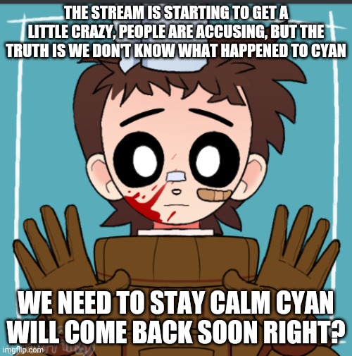 She'll come back, I hope (Corrected by Tan_Official) | THE STREAM IS STARTING TO GET A LITTLE CRAZY, PEOPLE ARE ACCUSING, BUT THE TRUTH IS WE DON'T KNOW WHAT HAPPENED TO CYAN; WE NEED TO STAY CALM CYAN WILL COME BACK SOON RIGHT? | image tagged in brown offical,chill,out | made w/ Imgflip meme maker