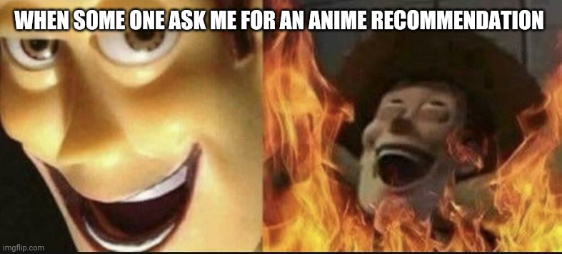 EVIL WOODY | WHEN SOME ONE ASK ME FOR AN ANIME RECOMMENDATION | image tagged in evil woody | made w/ Imgflip meme maker
