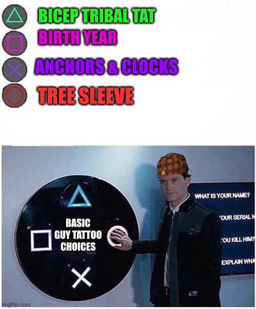 PlayStation button choices | BICEP TRIBAL TAT; BIRTH YEAR; ANCHORS & CLOCKS; TREE SLEEVE; BASIC GUY TATTOO CHOICES | image tagged in playstation button choices | made w/ Imgflip meme maker